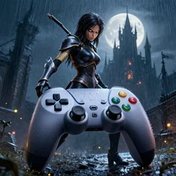 angry anthropomorphic game controller, wearing rain soaked armour in heavy rain, incredibly fine detailed portrait, battle angel alita, dynamic angle, elegant, full body profile, 2 0 0 mm focal length, highly detailed, dramatic full moon lighting, many fireflies, gothic castle prodominently in the background, movie cover
