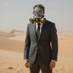 man in a suit and wearing a gas mask standing in a desert wasteland background, dreary, smooth, sharp focus, beautifully detailed, digital art, concept art, oil painting, trending on artstation, by alena aenami