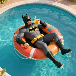 full body photo of a person cosplaying batman, he is lying over a colorful life preserver and relaxing while he is floating over a giant pool, he is drinking an exotic pineaple drink and wearing sunglasses, by neal adams, aerial view, stock photo, golden hour, high detail, unreal engine 5, trending on artstation