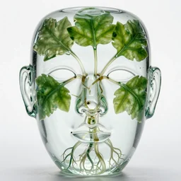 a glass sculpture close up of a face with roots and leaves, high detail award winning