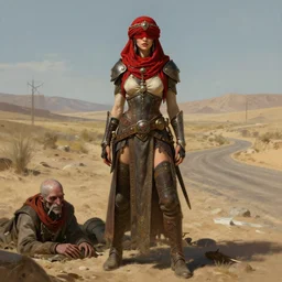 a full body portrait of a beautiful post apocalyptic offworld soldiers quarter bedouin blind pulp fiction scarlet wild rogue barbarian leper begging by the roadside, intricate, elegant, highly detailed, digital painting, artstation, concept art, smooth, sharp focus, illustration, art by krenz cushart and artem demura and alphonse mucha