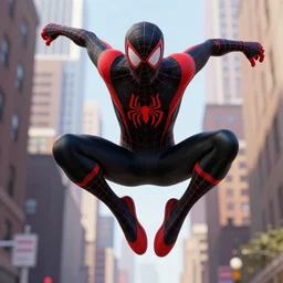 character portrait of miles morales spider man from into the spider verse swinging through brooklyn new york, black and red color scheme costume, miles morales!!!, into the spider verse, spider verse, 8 k, octane render, spider man costume