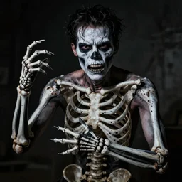 a threatening person with a skeleton painted on his skin, a painted skeleton man, a scene from a horror movie, contorted limbs, highly detailed, cinematic