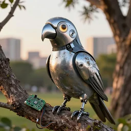 robot parrot bird with chrome beak, metal wings, perched in a park tree at golden hour, city background, electronics circuit board and wires, grunge and dirt, glowing eye, sharp details, octane render, designed by apple and tesla