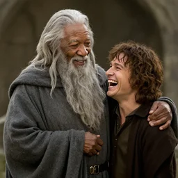 Morgan Freeman as Gandalf the Grey laughing with Frodo, still from Lord of the Rings movie, detailed, 4k