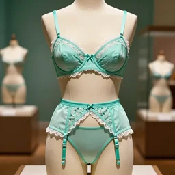 the film still photographed image is a vintage garter belt and bra set from the 1 9 4 0 s. the undergarment is inspired by teal mint cottagecore. it is displayed on a mannequin in a museum exhibit. vibrant cinematography, anamorphic lenses, upscale, hyper realistic photo, crisp, detailed image in 8 k resolution.