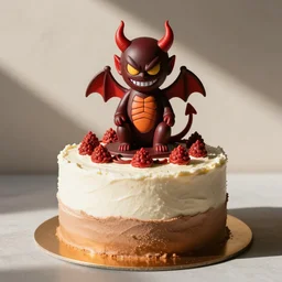 “a delicious birthday cake with a demon toy on top”