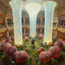 overhead view lush bulbous garden fetuses dramatic perspective organic 3 d fractal a minimalist cinematic scifi with giant bright translucent bioluminescent microscopy, gigantic pillars, victorian shopping mall courtyard, maschinen krieger, beeple, the matrix, star wars, ilm, star citizen, mass effect, oil painting by donato giancola, chris foss, warm coloured, artstation, atmospheric perspective