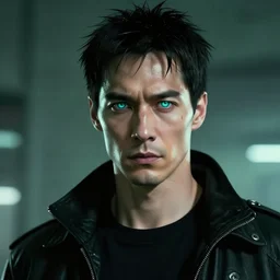 A hacker who looks like max branning in the style of Matrix, grungy, unkept hair, glowing eyes, modelsociety, radiant skin, huge anime eyes, RTX on, perfect face, directed gaze, intricate, Sony a7R IV, symmetric balance, polarizing filter, Photolab, Lightroom, 4K, Dolby Vision, Photography Award