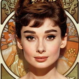 realistic detailed closeup face portrait of Audrey Hepburn, by Alphonse Mucha, Lisa Frank, Art Nouveau, Neo-Gothic, gothic, rich vivid colors
