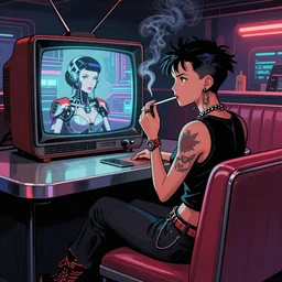 “surreal cyberpunk comic book illustration of a punk sitting in booth smoking watching a 1970s tv with a beautiful female cyborg commander on the screen in dystopian dive bar, cybercore, fine detail”