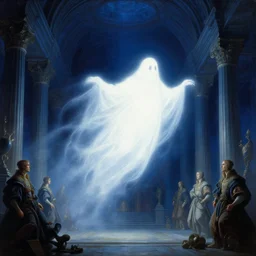 a glowing white ghost flying in massive futuristic fantastical misty classical halls of creation. night time. deep blue tones. renaissance masterpiece. highly detailed sci - fi fantasy painting by norman rockwell, frank frazetta, johfra bosschart, and syd mead. rich colors, high contrast, dark background. artstation