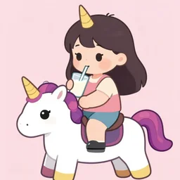 cute anime girl riding a unicorn puppy hybrid while drinking milk