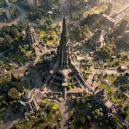 an aerial view of a postapocalyptic world that nature has reclaimed, in the style of MC Escher