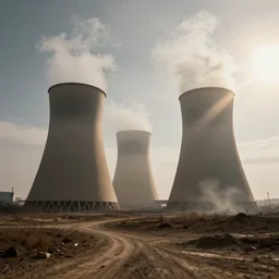 nuclear power plant with cooling towers, lost place photo, sunrays, apocalyptic, mist, volumetric lights, wilderness, distropic, dirt, dramatic, cinematic, 8K, trending on artstation