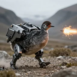 Chilean pudu riding a mech while shooting missiles