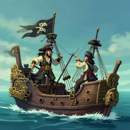 two large pirates ship floating on top of a body of water, fighting each other, pirates flag , cgsociety, fantasy art, 2d game art, concept art ,  ambient occlusion,  behance hd , concept art by Jesper Ejsing, by RHADS, Makoto Shinkai Cyril Rolando