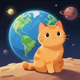 a fuzzy orange cat sitting on planet earth, space in the background, cartoonish style, digital art, trending on artstation, pixar, disney