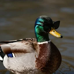 a mallard duck wearing wide sleek european sunglasses by patrick nagel, muted 8 0's palette