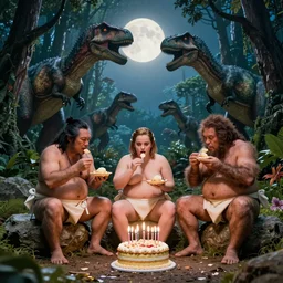 photo, three hairy neanderthal people, sumo japanese, eating outside, surrounded by dinosaurs!, gigantic forest trees, sitting on rocks, bright moon, birthday cake on the ground, front view, emma! watson! giving concert