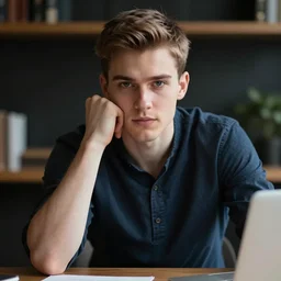 realistic detailed face portrait system analyst work, very coherent symmetrical, high contrast, depth of field, insanely detailed, handsome, white, sitting at the table, thoughtful pose, left hand propping up the head, preppy style, smart casual, clean shaved