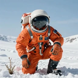 astronaut in orange polar exploration suit crouching down in the snow behind a small plant