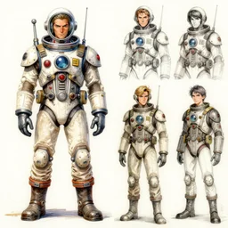 color pen and ink and pencil sketch character concept design game asset of sketches watercolor of a a home made 1950s style science fiction retro space suit by Stanley Artgerm Lau, WLOP, Rossdraws, James Jean, Andrei Riabovitchev, Marc Simonetti, and Sakimichan, tranding on artstation , assets, character design, tending on pinterest, trending on cgtalk, trending on concept art, trending on character design