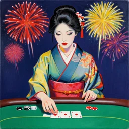 hyperrealism composition of the detailed woman in a japanese kimono sitting at a poker table with predaror, fireworks on the background, pop - art style, jacky tsai style, andy warhol style, acrylic on canvas