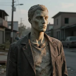 vfx movie scene dilapidated mannequin in post apocalyptic street, natural evening light closeup by emmanuel lubezki