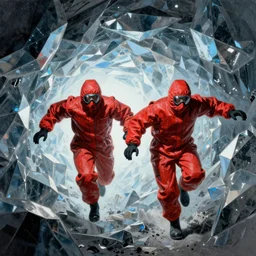 two scientists wearing red hazmat suits designed by rick owens. they are escaping the geometric crystal wormhole. by frank frazetta
