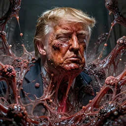 donald trump's disgusting true form bursting from within, gross, slimy, sleazy, pustules, high details, intricate details, by frank miller