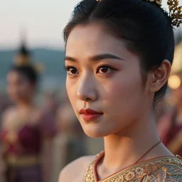 close - up photo of a beautiful tai warrior princess in a battle scene, detailed eyes, shallow depth of field, photorealistic, cinematic lighting, lovely bokeh, warm colours, dusk