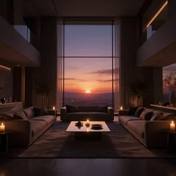 videogame screenshot of a very dark dreamy sunset modern luxury maximalist living room, candlelight, sunset glow, dark shadows, octane render, volumetric lighting, raytracing, symmetrical wide shot low angle
