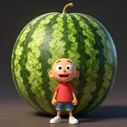 Carl from jimmy neutron next to a human sized watermelon