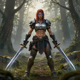big muscular female warrior with glowing blue eyes wielding two swords wearing apex legends armor, forest plains of yorkshire, misty forest, apex legends, horizon zero dawn, good value control, digital painting, sharp focus, rule of thirds, 4k, centered, magic hour photography, atmospheric, moody colors