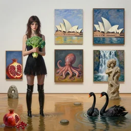painting of flooded sydney mca art gallery with paintings on the wall, emo girl holding broccolini, sydney opera house, long black boots, pomegranates, octopus, waterfall, stone sculpture by rodin, zen, black swans, berries, surrealist, by magritte and monet