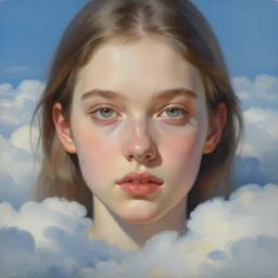 painting by wlop, portrait of a beautiful girl floating in the clouds, photorealistic facial features, portrait, detailed face, ultra high details, large, close - up. trending on artstation