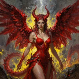 a realistic detail portrait of a beautiful female angle in hell, raining, thunder, magic, dragon, oil painting by Julian calle, wlop, greg rutkowski, Finnian MacManus, Trending on artstation, red  and yellow scheme, 8k, RE Engine