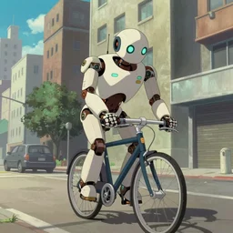 a robot riding a bike down a street next to tall buildings, a matte painting by satoshi kon, cgsociety, context art, greeble, toonami, reimagined by industrial light and magic