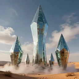 long and tall fractal diamond crystal glass houses, desert, clouds, steam