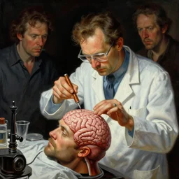 mad scientist experimenting on his own brain, highly detailed science fiction painting by norman rockwell, frank frazetta, and basil gogos. rich colors, high contrast, gloomy atmosphere, dark background. trending on artstation