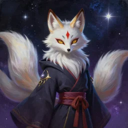 a stylized painting for an avatar portrait of an awesome cosmic powerful anthropomorphic kitsune fox mage themed around death and the stars and the cosmos, in the style of dnd beyond avatar portraits, beautiful, artistic, elegant, lens flare, magical, lens flare, nature, realism, stylized, art by jeff easley