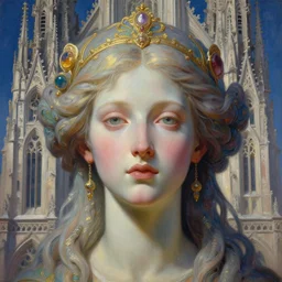 portrait of a beautiful young goddess'head merging with a cathedral building, unusual beauty, etheric, outworldly colours, emotionally evoking symbolic metaphors, head in focus, fantasy, ornamental, intricate, elegant, highly detailed photorealistic painting, artstation, concept art, painterly, golden ratio, sharp focus, illustration, art by john william godward and zdzisław beksinski, antonio mora,