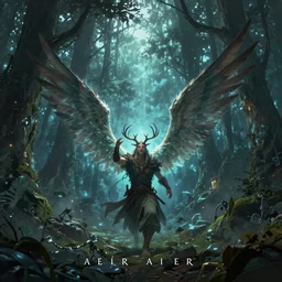 A druid, with antlers and large wings, casting a powerful spell in the middle of an enormous, enchanted forest, dreamscape, dramatic lighting, fantasy art illustration, trending on artstation, Aetherpunk