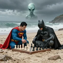 Superman and Batman playing chess on the beach during an alien invasion