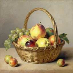a 1 9 th century oil sketch of a basket full of fruit. high quality scan