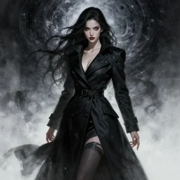 beautiful lady in black coat, cosmic horror style, seductive confident pose, end of everything, hyper detailed, intricate, elegant, highly detailed, digital painting, artstation, concept art, sharp focus, by greg rutkowski