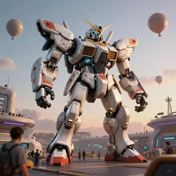 a beautiful hyperrealistic ultradetailed 3 d render of a gigantic mecha guarding a sci - fi spaceport, by ciruelo cabral : 3, mech, unreal engine, octane render, gigantic, unreal engine, octane render, 3 d, brilliantly coloured, intricate, ultra wide angle, trending on artstation, dusk, volumetric lighting, hdr, polished, micro details, ray tracing, 8 k : 2, people, sphere, balloon, blurry, blur, depth of field, dof, bokeh, obscured, macro : - 1