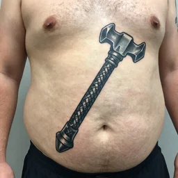 ugly amateur tattoo of Mjölnir on a fat man's belly