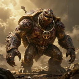 elden ring, dark souls, strong humanoid turtle monster, photorealistic, grimdark, gruesome, full height, front view, golden ratio